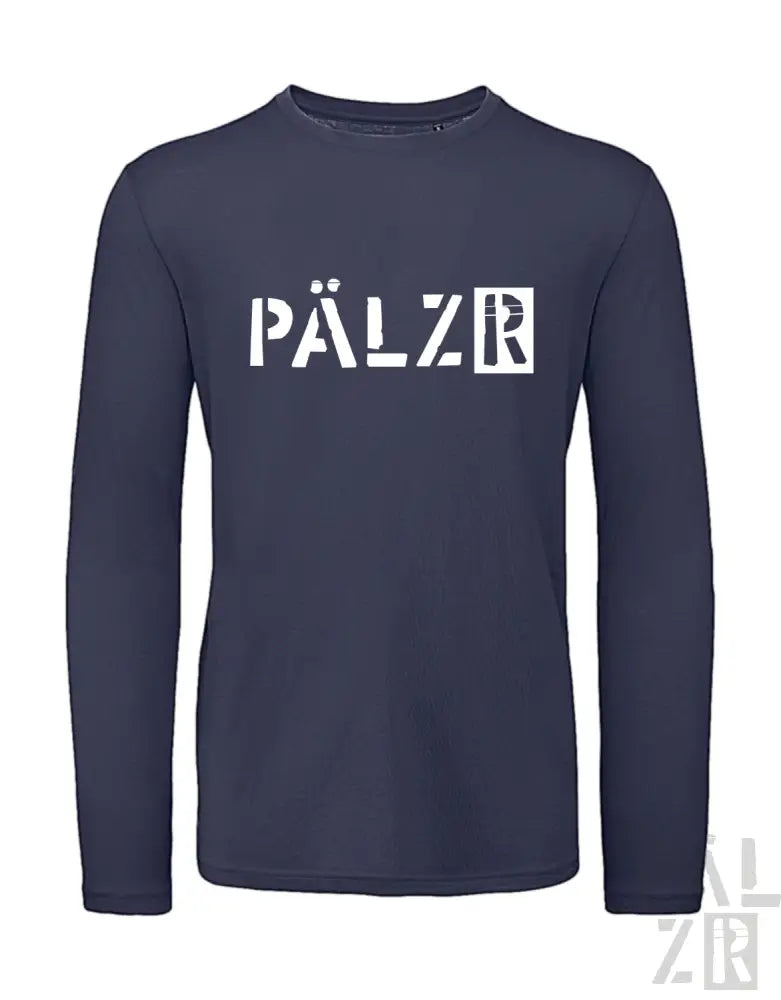 Marineblaues Langarmshirt mit weißem ’pälzr’ Textdesign.