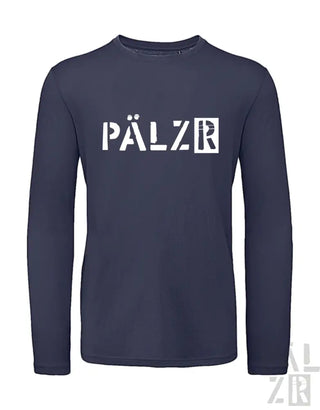 Marineblaues Langarmshirt mit weißem ’pälzr’ Textdesign.