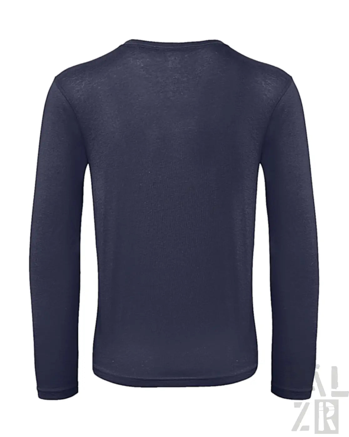 Marineblaues langärmliges Thermoshirt mit gerippten Bündchen und Saum, hergestellt aus Polyester/Spandex-Mischung.