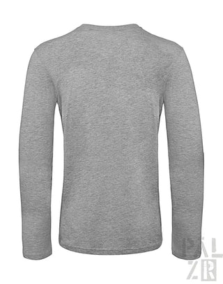 Heather grauer Langarm-Crewneck-T-Shirt mit gerippten Bündchen und Saum.