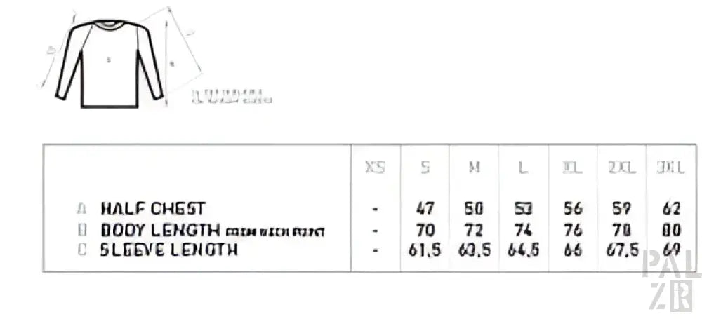 Langes T-Shirt-Diagramm mit Maßen und Größen in schwarzem Text auf weißem Hintergrund, das eine einfache Grafik eines geöffneten Hemds zeigt.