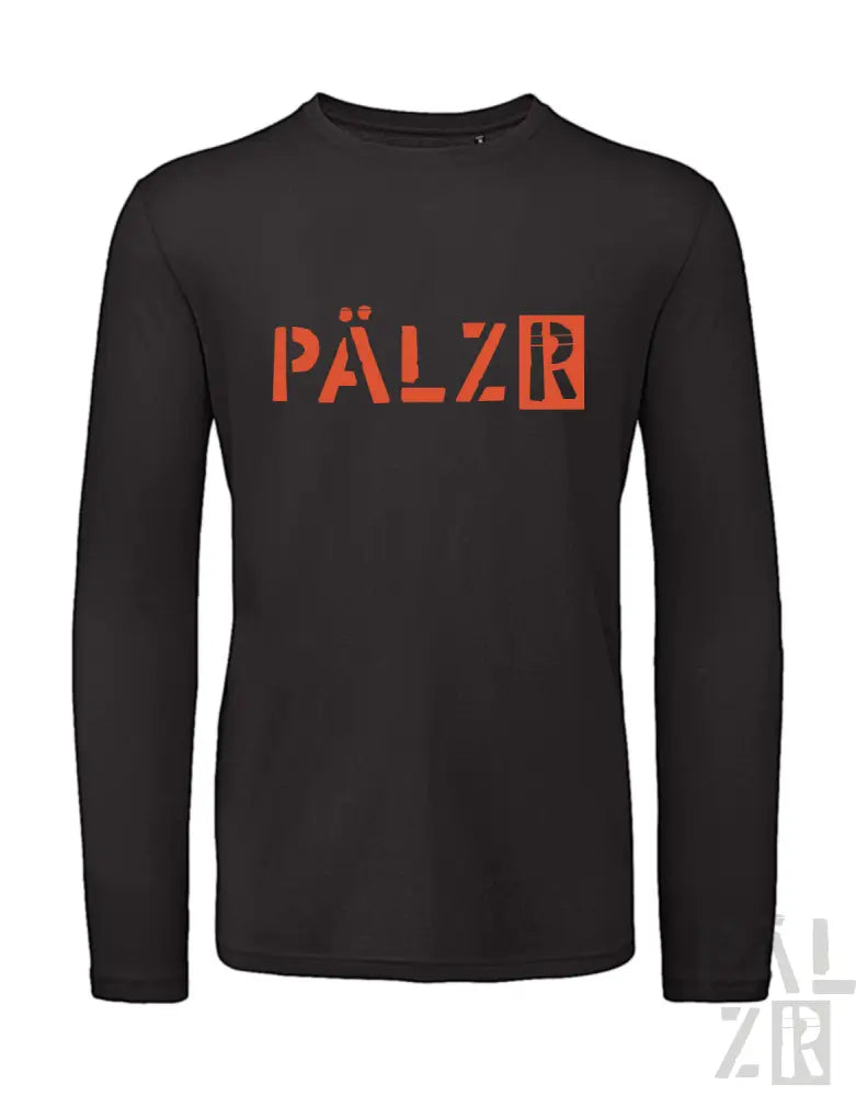 Schwarzes Langarmshirt mit ’pälzr’-Logo in orange-rotem Design, mit distressed Textur.