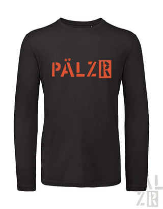 Schwarzes Langarmshirt mit ’pälzr’-Logo in orange-rotem Design, mit distressed Textur.