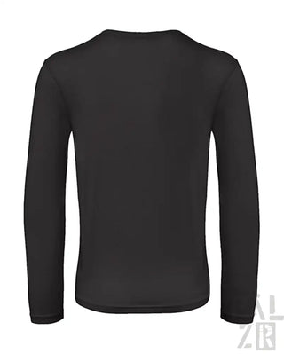 Schwarzes langärmeliges Thermoshirt mit gerippten Bündchen und Saum, wahrscheinlich aus Polyester- oder Baumwollmischung gefertigt.