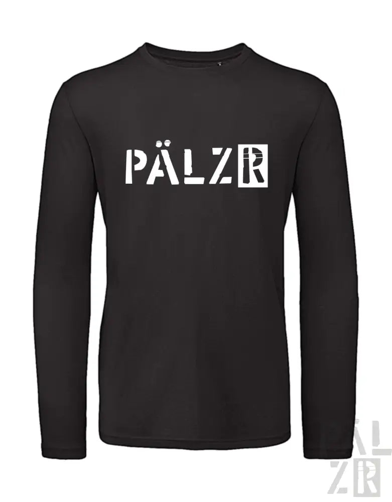 Schwarzes langärmliges T-Shirt mit weißem ’pälze’-Textdesign.