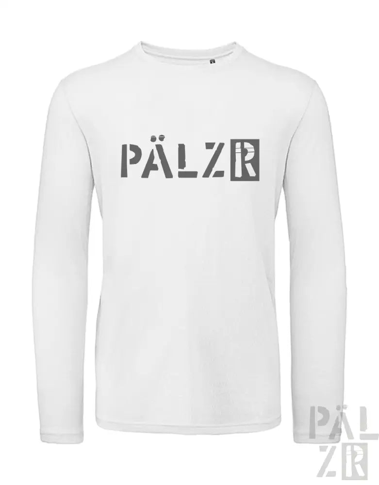 Weißes langärmeliges Hemd mit ’pälzr’-Logo in schwarz-grauem Design.