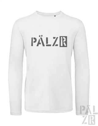 Weißes langärmeliges Hemd mit ’pälzr’-Logo in schwarz-grauem Design.