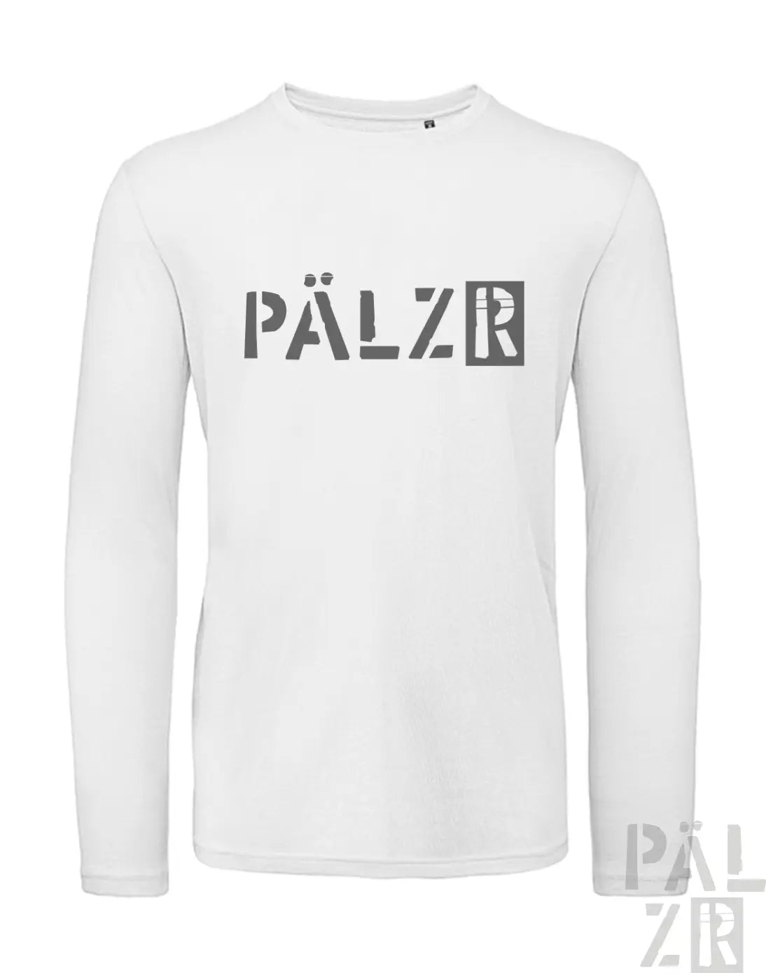 Weißes langärmeliges Hemd mit ’pälzr’-Logo in schwarz-grauem Design.