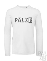 Weißes langärmeliges Hemd mit ’pälzr’-Logo in schwarz-grauem Design.