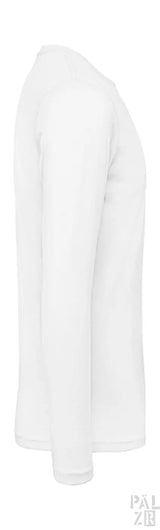Weißes Langarm-T-Shirt mit gerippten Bündchen und Saum, aus Baumwolle.