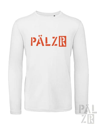 Weißes Langarm-T-Shirt mit ‚pälzr‘-Logo in rot-schwarzem Design.