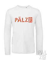 Weißes Langarm-T-Shirt mit ‚pälzr‘-Logo in rot-schwarzem Design.