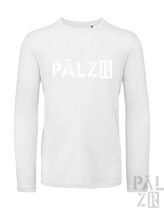 Weißes langärmeliges T-Shirt mit ’pälzq’-Logo-Design.