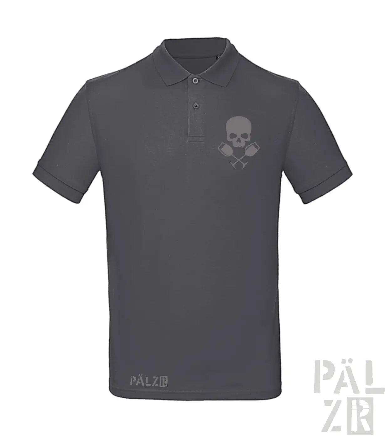 Dunkelgraues männer poloshirt mit dezentem schädel und gekreuzten rudern emblem und pälz branding am saum