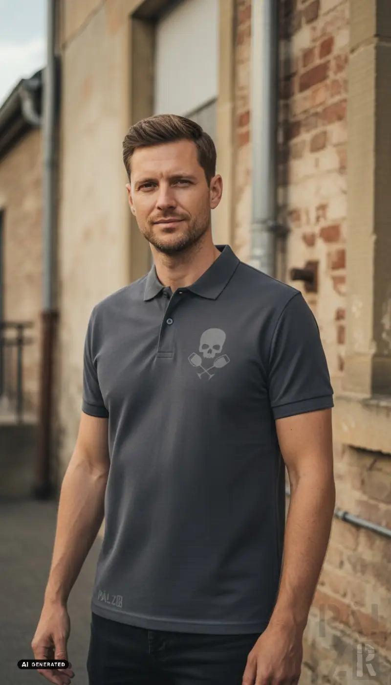 Dunkelgraues männer poloshirt mit dezentem schädel und gekreuzten knochen logo auf der brust von weinpirat
