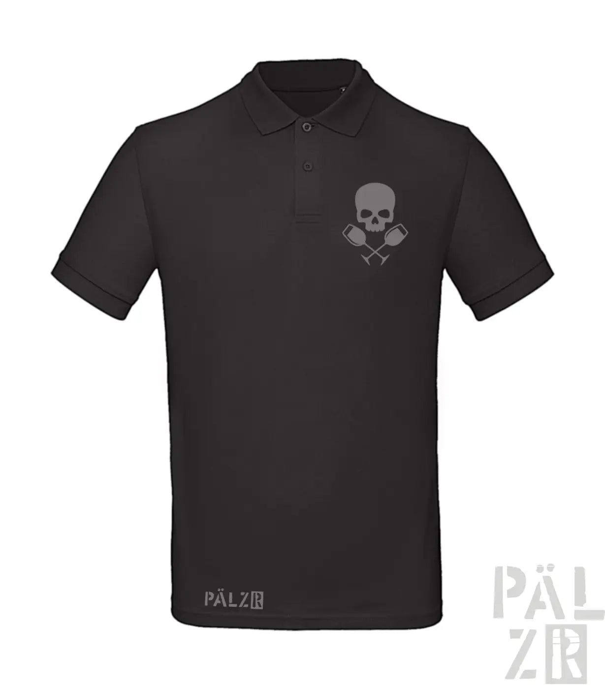 Schwarzes männer poloshirt mit grauem schädel und gekreuzten rudern emblem, klassischem kragen und knopfleiste