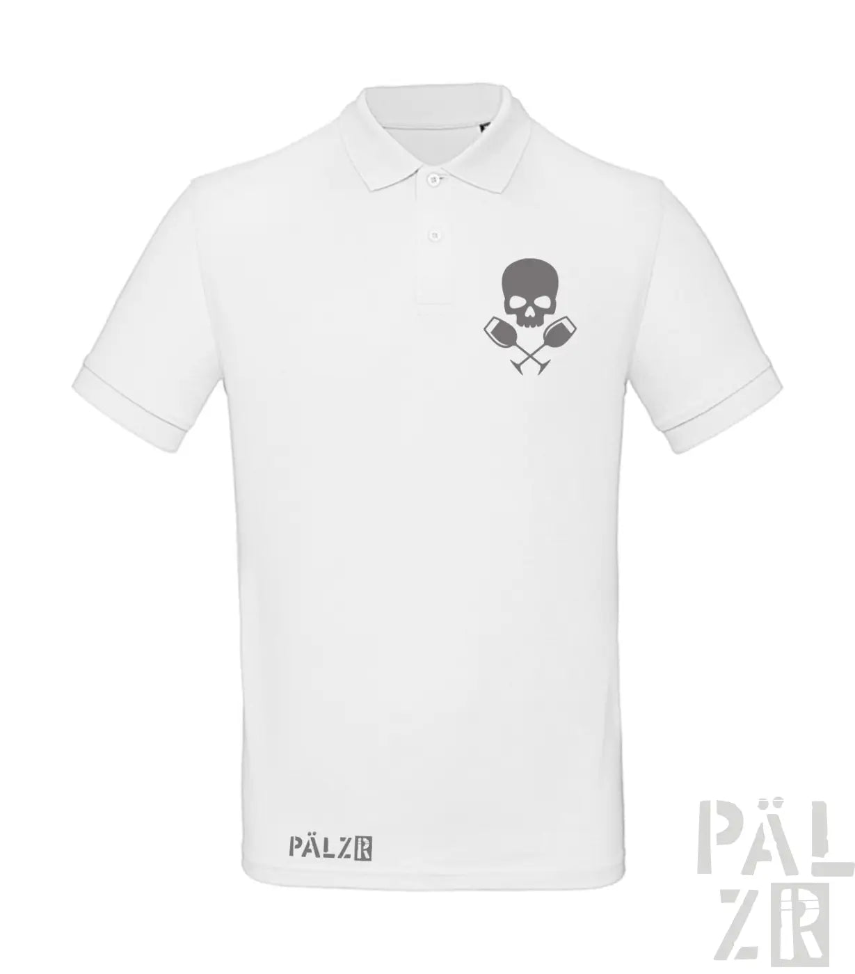 Weißes männer poloshirt mit grauem totenkopf und gekreuzten rudernes motiv von weinpirat in verschiedenen farben