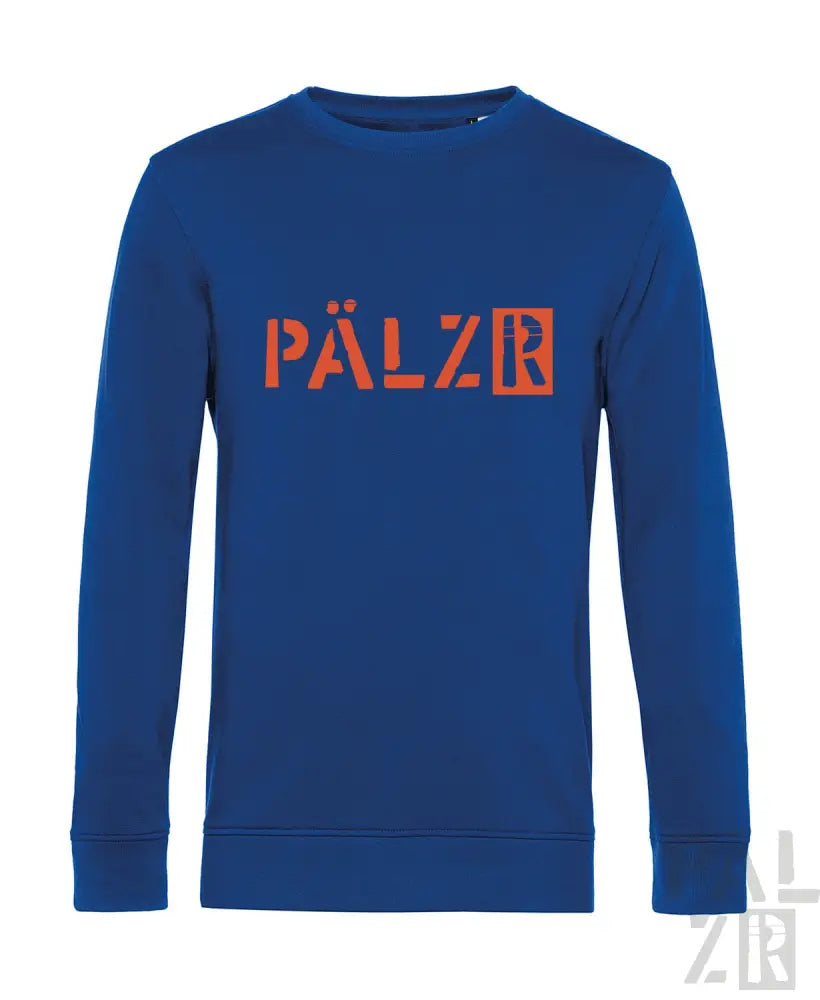 Königsblaues Rundhals-Sweatshirt mit orange ’pälzr’ Logo-Design.
