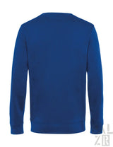 Königsblauer Crew-Neck-Sweatshirt mit gerippten Bündchen und Saum, wahrscheinlich aus Baumwolle oder Polyester-Mischung gefertigt.