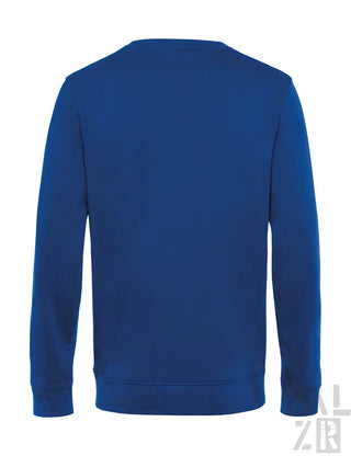 Königsblauer Crew-Neck-Sweatshirt mit gerippten Bündchen und Saum, wahrscheinlich aus Baumwolle oder Polyester-Mischung gefertigt.
