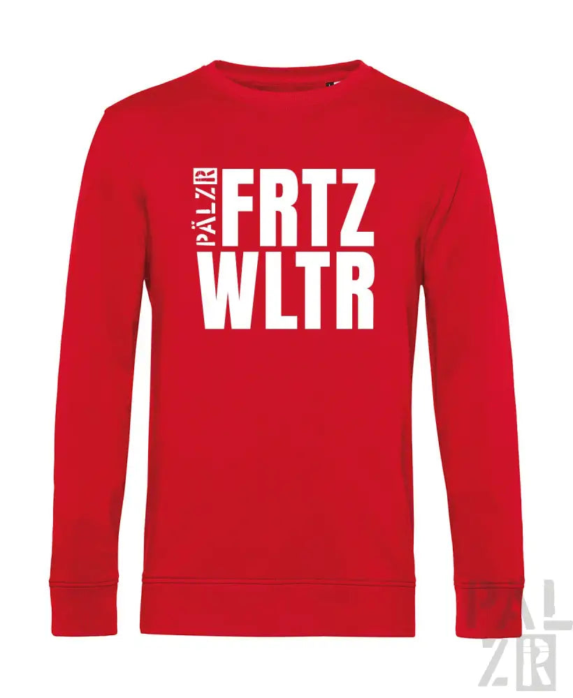 Roter Hoodie mit weißem Textdesign, das „palzr frtz wltr“ und ein kleineres Logo auf dem Ärmel zeigt.