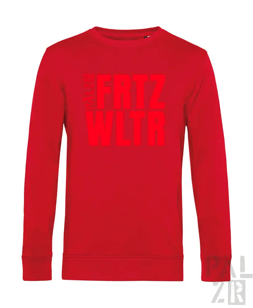 Roter Crewneck-Sweatshirt mit ’ertz wltn’ Textdesign, wahrscheinlich aus Baumwolle oder Polyester-Mischung.