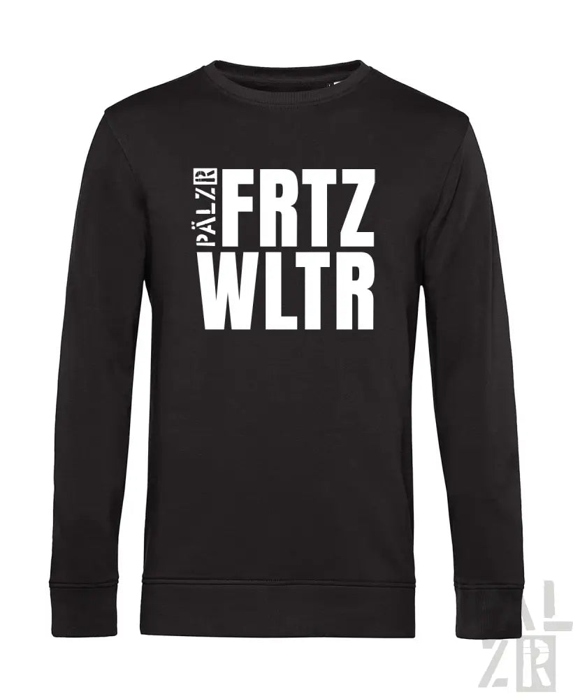 Schwarzes Crewneck-Sweatshirt mit weißem Textdesign, das ’palzr frtz wltr’ in fetten, blockartigen Buchstaben zeigt.