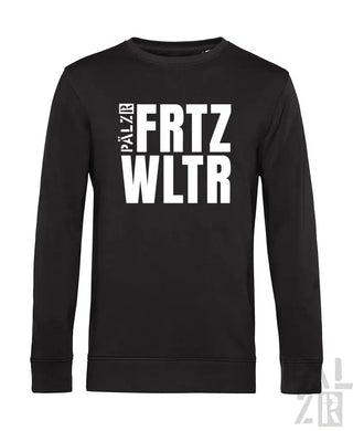 Schwarzes Crewneck-Sweatshirt mit weißem Textdesign, das ’palzr frtz wltr’ in fetten, blockartigen Buchstaben zeigt.