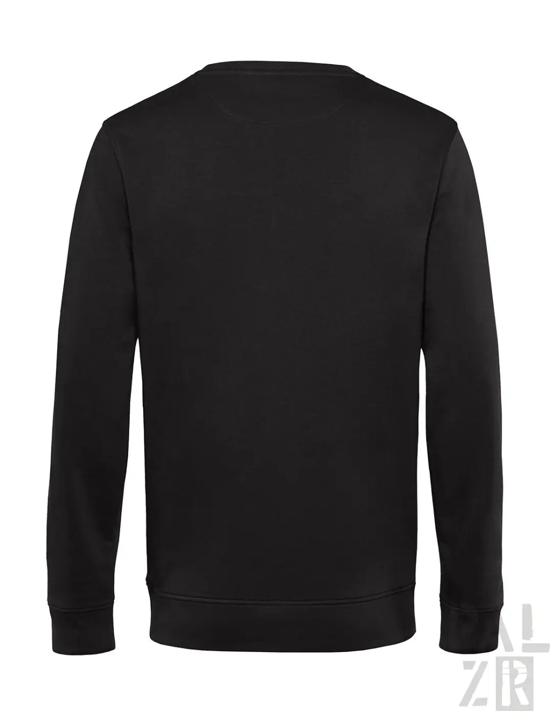Schwarzes Crewneck-Sweatshirt mit gerippten Bündchen und Saum, wahrscheinlich aus Baumwolle oder Polyester-Mischung gefertigt.
