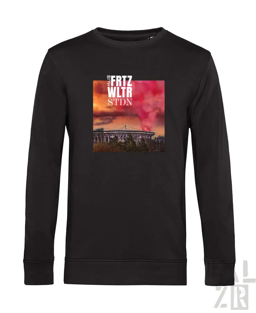 Schwarzes langärmliges Sweatshirt mit Grafikdesign, das ein Stadion und Sonnenuntergang zeigt, aus Baumwolle.
