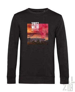 Schwarzes langärmliges Sweatshirt mit Grafikdesign, das ein Stadion und Sonnenuntergang zeigt, aus Baumwolle.