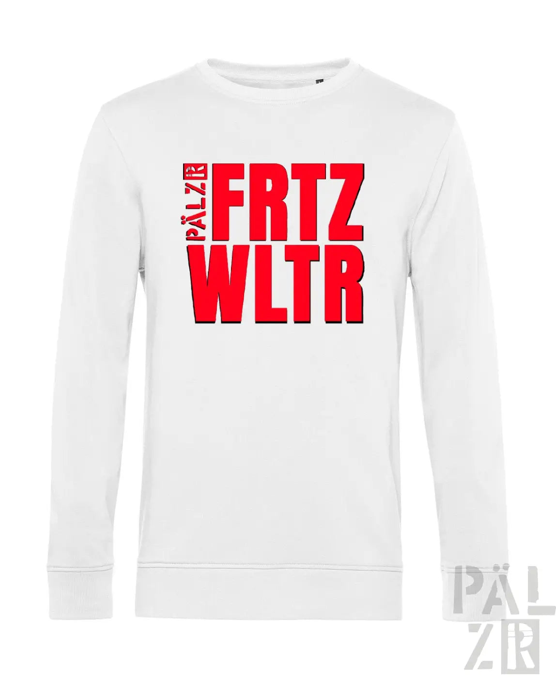 Weißes Crewneck-Sweatshirt mit fetter roter ’palz frtz wltr’ Textgestaltung.
