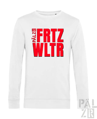Weißes Crewneck-Sweatshirt mit fetter roter ’palz frtz wltr’ Textgestaltung.