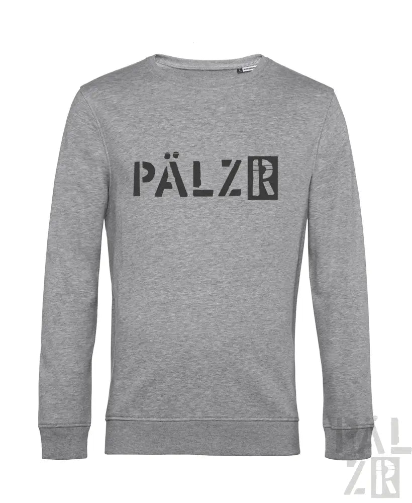 Grauer Hoodie mit schwarzem ‚pälzr‘-Logo-Design.