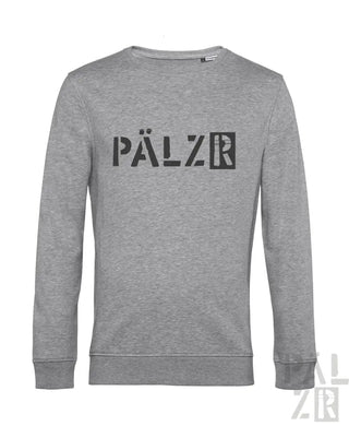 Grauer Hoodie mit schwarzem ‚pälzr‘-Logo-Design.