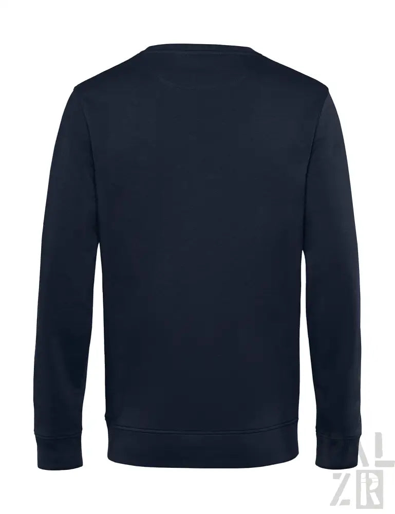 Marineblaues Rundhals-Sweatshirt mit gerippten Bündchen und Saum, wahrscheinlich aus Baumwolle oder Polyester-Mischung gefertigt.