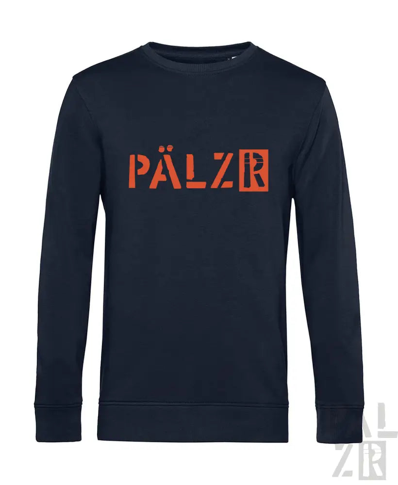 Marineblaues Crewneck-Sweatshirt mit orange ’pälzr’ Logo-Design.