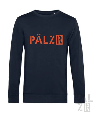 Marineblaues Crewneck-Sweatshirt mit orange ’pälzr’ Logo-Design.