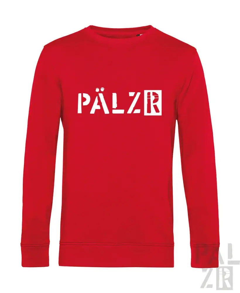 Roter Crewneck-Sweatshirt mit ’pälzr’-Textdesign, aus Baumwolle.