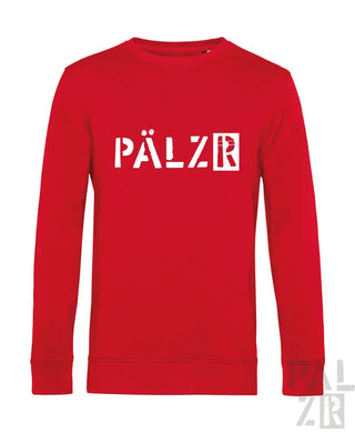 Roter Crewneck-Sweatshirt mit ’pälzr’-Textdesign, aus Baumwolle.