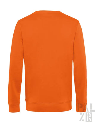Orange Crewneck-Sweatshirt mit gerippten Bündchen und Saum, wahrscheinlich aus Baumwolle oder Polyester-Mischung gefertigt.