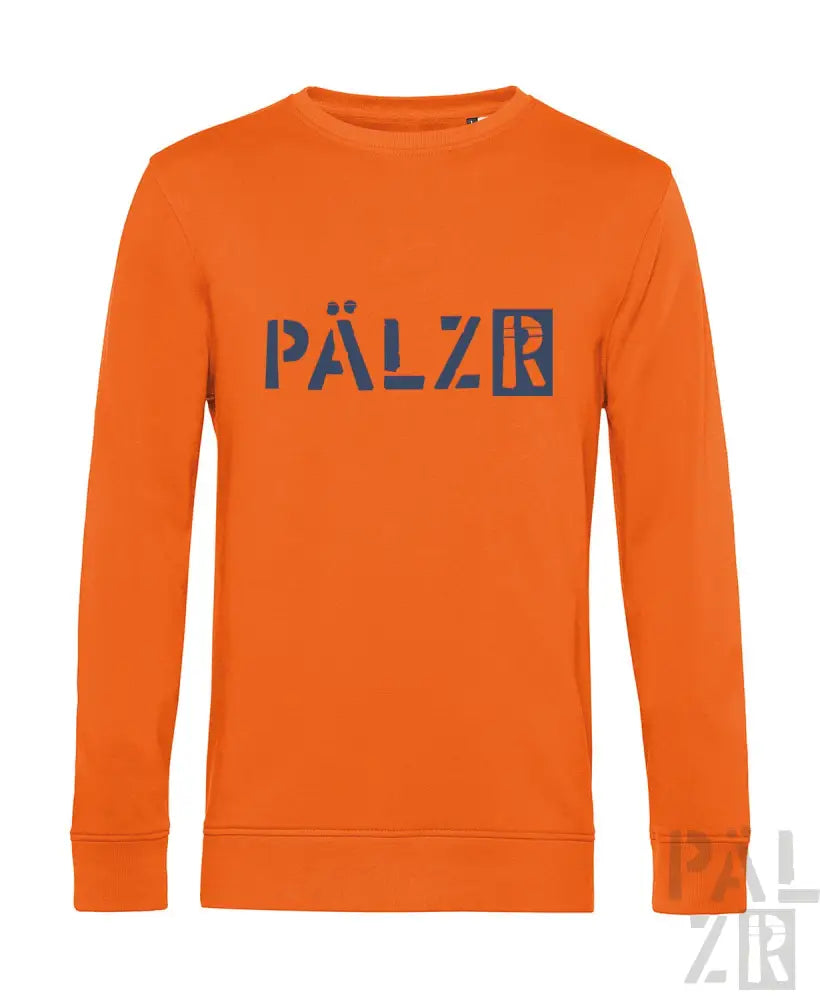 Orange Langarm-Sweatshirt mit ’pälzr’-Logo in Dunkelblau.