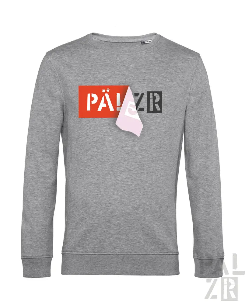 Grauer gemusterter Sweatshirt mit ’pa!zr’ Grafikdesign und gefaltetem Papierdetail.