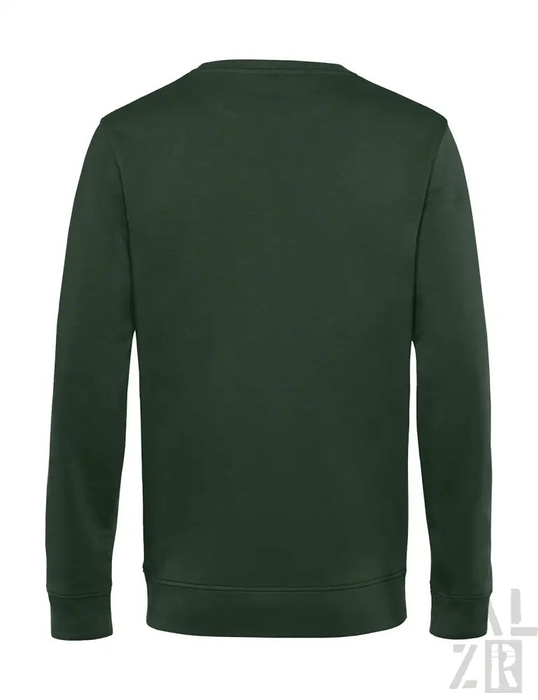 Dunkelgrüner Crew-Neck-Sweatshirt mit gerippten Bündchen und Saum, wahrscheinlich aus Baumwolle oder Polyester-Mischung gefertigt.