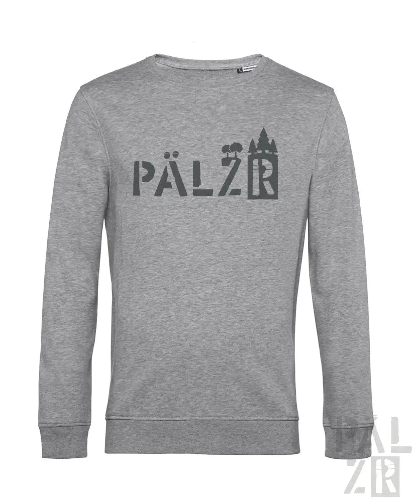 Graue Crewneck-Sweatshirt mit ’pälzr’-Logo und Burgen-Design.