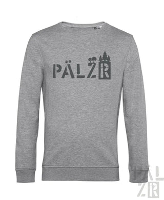 Graue Crewneck-Sweatshirt mit ’pälzr’-Logo und Burgen-Design.
