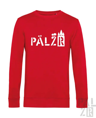 Roter Crewneck-Sweatshirt mit ‚pälzr‘ und Burgen-Design, aus Baumwolle gefertigt.