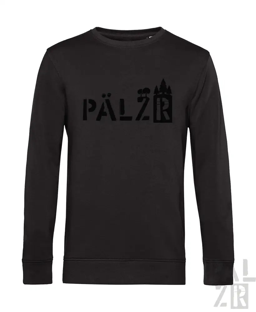 Schwarzes Crewneck-Sweatshirt mit ’pälzr’ Grafikdesign, das eine Schloss-Silhouette zeigt.