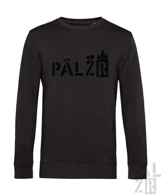 Schwarzes Crewneck-Sweatshirt mit ’pälzr’ Grafikdesign, das eine Schloss-Silhouette zeigt.