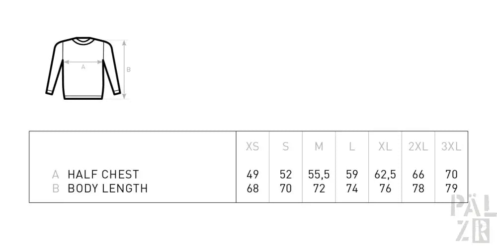 Weißes Langarm-T-Shirt mit schwarzem Umriss-Design, Größentabelle zum Nachschlagen beigefügt.